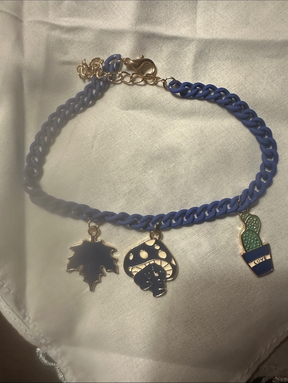 Blue Charm Link Bracelet with Mushroom,  maple Leaf and Cactus Charms